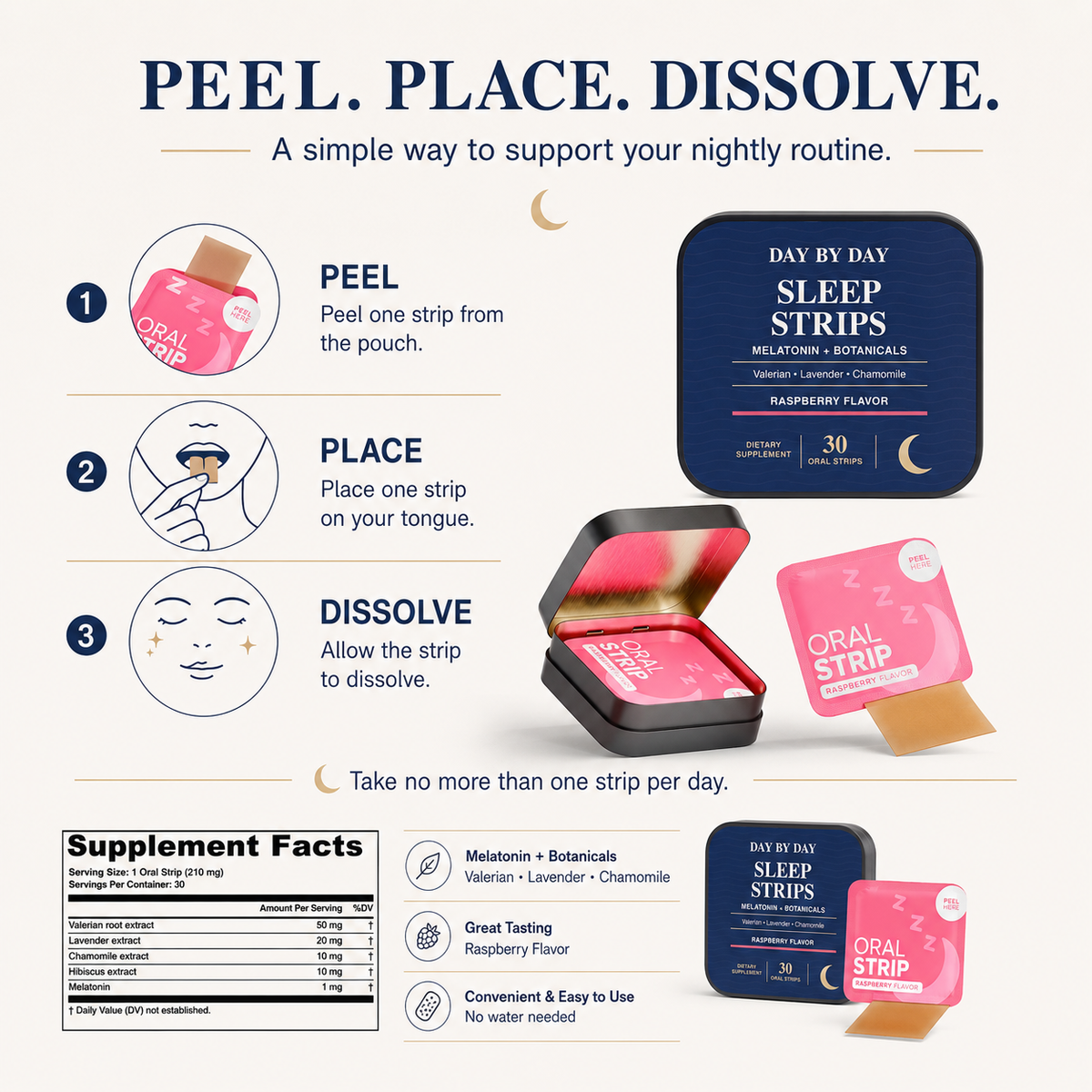 DAY BY DAY Sleep Strips in a simple nighttime routine