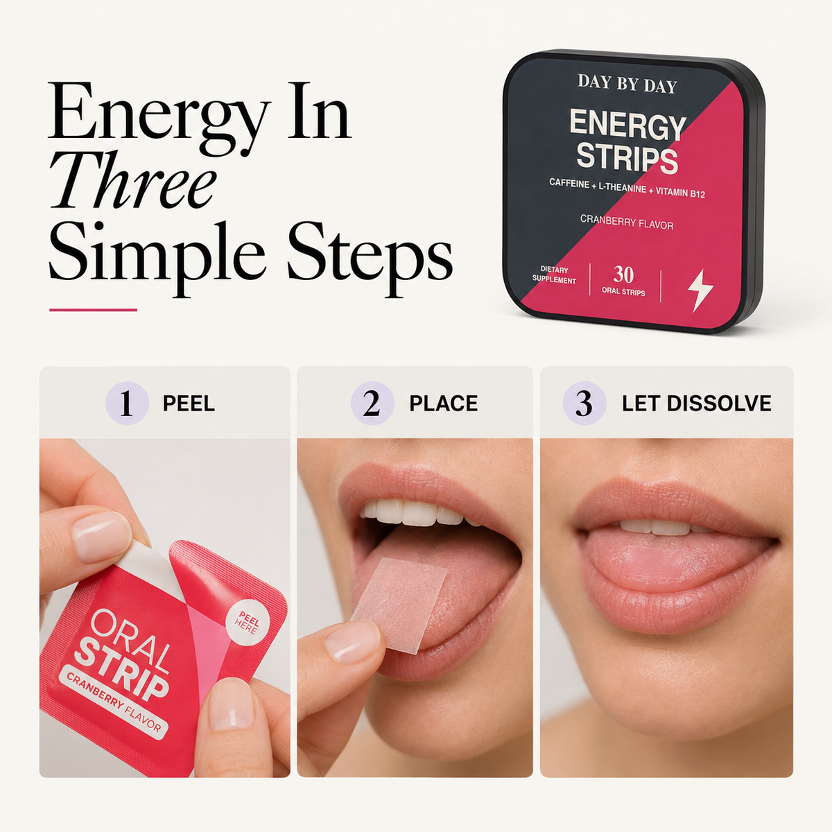 Energy Strips peel, place and dissolve product guide