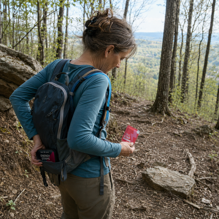 Customer using an oral strip while hiking