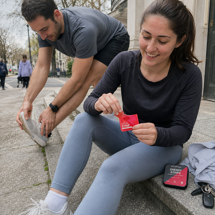 Two people using oral strip packets outdoors